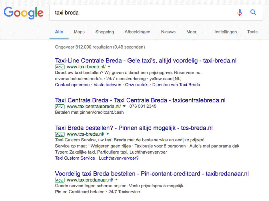 voorbeeld google resultaten zoekterm taxi breda